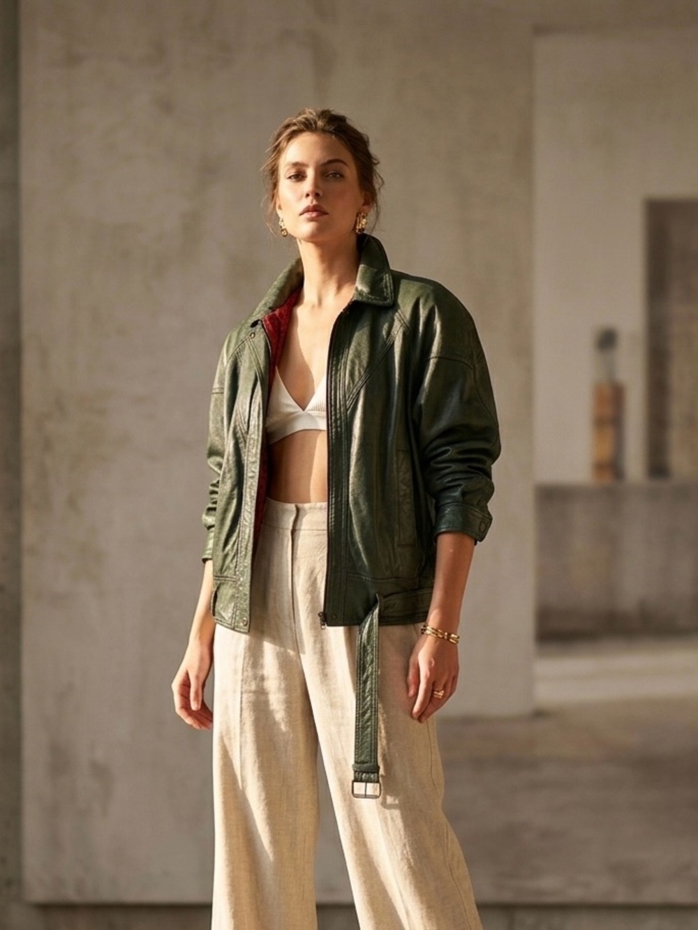 Vintage 80s Green Leather Bomber Jacket | Pelle Cuir M/L